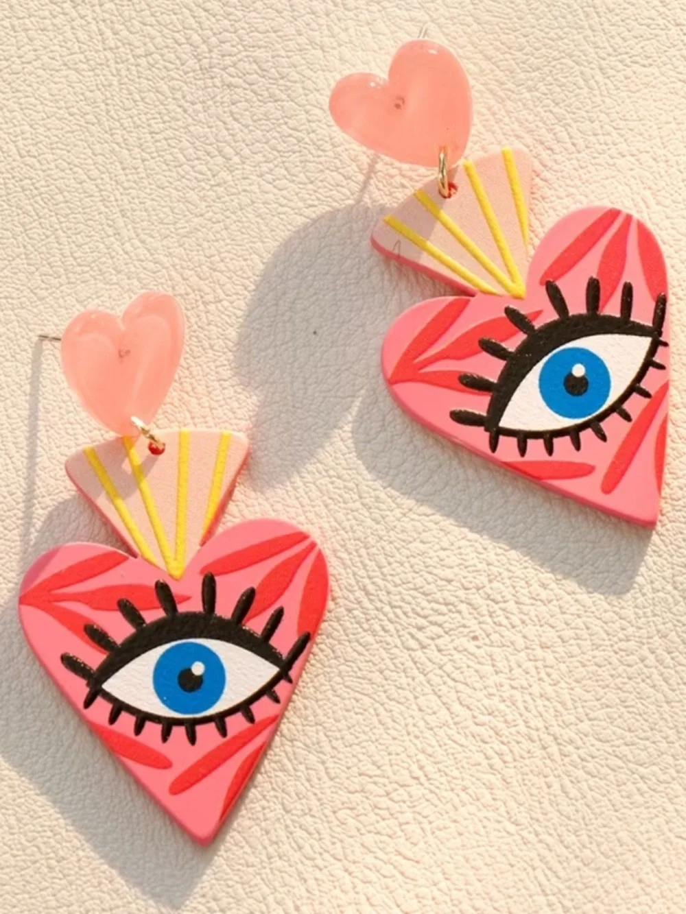 Pink Heart Evil Eye Dangle Earrings - Picture 1 of 2